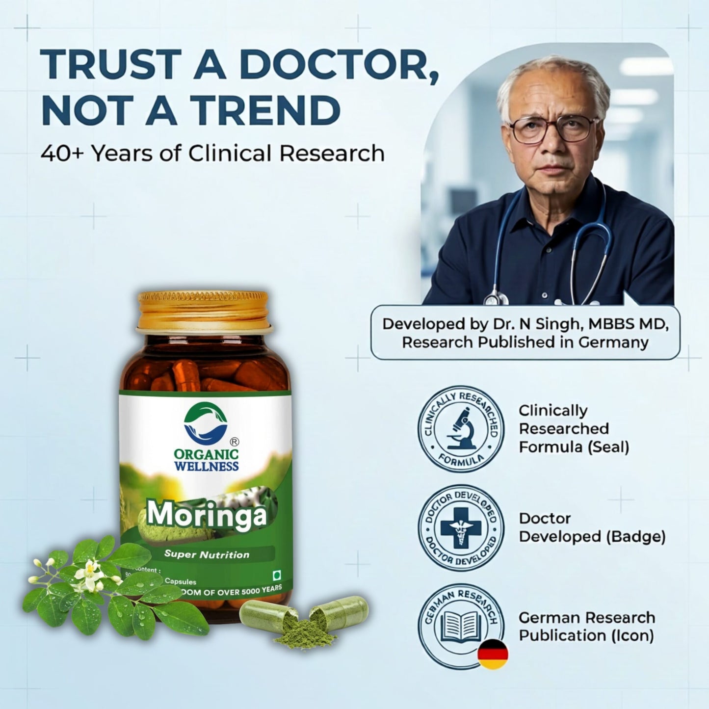 Moringa Essential Nutrition 90 N Veg Capsules | Sahjan | Drumstick Leaf Powder for Weight Loss